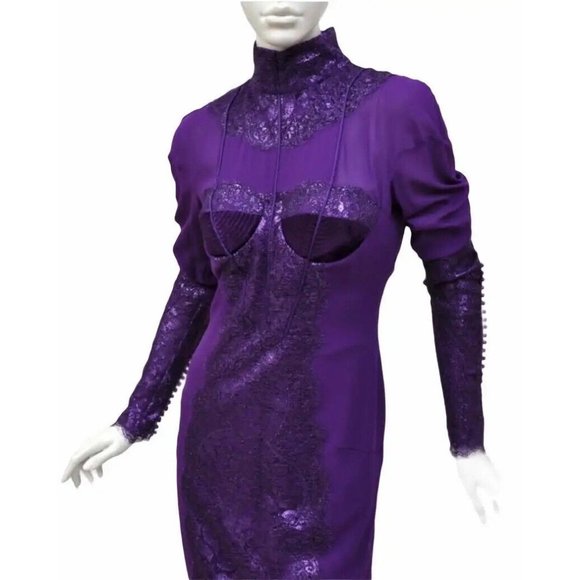 New Tom Ford Metallic Amethyst Lace Cocktail Dress 40, US 4 - Picture 3 of 8